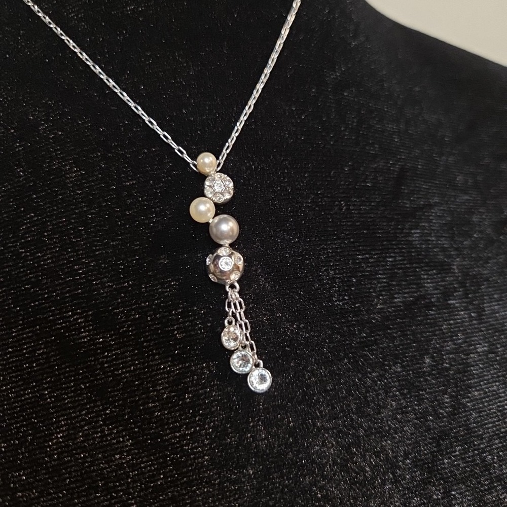Swarovski Crystal Pearl Drop Necklace Silver Tone Rhodium Plated Swan Logo Tag